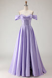 Off The Shoulder Beaded A Line Purple Corset Long Prom Dress with Slit