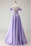 Off The Shoulder Beaded A Line Purple Corset Long Prom Dress with Slit