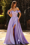 Off The Shoulder Purple A Line Beaded Long Satin Prom Dress with Slit