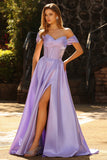 Off The Shoulder Purple A Line Beaded Long Satin Prom Dress with Slit