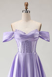 Off The Shoulder Beaded A Line Purple Corset Long Prom Dress with Slit