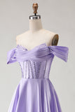 Off The Shoulder Beaded A Line Purple Corset Long Prom Dress with Slit