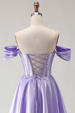 Off The Shoulder Beaded A Line Purple Corset Long Prom Dress with Slit