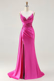 Navy Mermaid Streamer Beaded Ruched Long Prom Dress with Slit