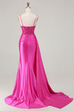 Navy Mermaid Streamer Beaded Ruched Long Prom Dress with Slit