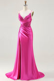 Navy Mermaid Streamer Beaded Ruched Long Prom Dress with Slit