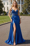 Navy Mermaid Streamer Beaded Ruched Long Prom Dress with Slit