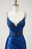 Navy Mermaid Streamer Beaded Ruched Long Prom Dress with Slit