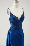 Navy Mermaid Streamer Beaded Ruched Long Prom Dress with Slit
