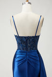 Navy Mermaid Streamer Beaded Ruched Long Prom Dress with Slit