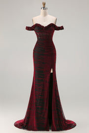 Black Red Mermaid Off the Shoulder Corset Ruched Long Prom Dress with Slit