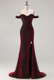 Off the Shoulder Black Red Mermaid Corset Plus Size Long Prom Dress with Slit