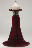 Off the Shoulder Black Red Mermaid Corset Plus Size Long Prom Dress with Slit