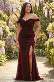 Black Red Mermaid Off the Shoulder Corset Ruched Long Prom Dress with Slit