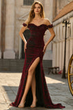 Black Red Mermaid Off the Shoulder Corset Ruched Long Prom Dress with Slit