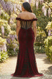 Black Red Mermaid Off the Shoulder Corset Ruched Long Prom Dress with Slit