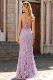 Purple Mermaid Spaghetti Straps Sheer Corset Lace Beaded Long Prom Dress with Slit