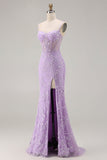 Purple Mermaid Sheer Corset Spaghetti Straps Lace Beaded Long Prom Dress with Slit