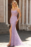 Purple Mermaid Spaghetti Straps Sheer Corset Lace Beaded Long Prom Dress with Slit
