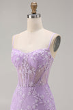 Purple Mermaid Sheer Corset Spaghetti Straps Lace Beaded Long Prom Dress with Slit