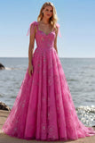 Fuchsia A-Line Burnout Beaded Floral Long Prom Dress with Lace Up Back