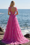 Fuchsia A-Line Burnout Beaded Floral Long Prom Dress with Lace Up Back
