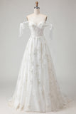 White Embroidered Tulle Corset A-Line Spaghetti Straps Long Wedding Dress with BowKnot