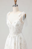 White Embroidered Tulle Corset A-Line Spaghetti Straps Long Wedding Dress with BowKnot