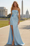 Strapless Purple Mermaid 3D Flower Sequin Long Prom Dress with Slit