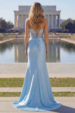 Blue Strapless Mermaid 3D Flower Sequin Long Prom Dress with Slit