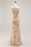 Champagne Floral Sheath Long Bridesmaid Dress With Slit