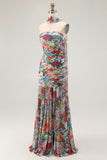 Strapless Blue Red Flower Neck Scarf Ruched Wedding Guest Dress with Slit
