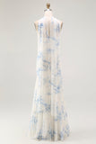 White Blue Flower Sheath Strapless Velvet Burnout Wedding Guest Dress with Slit