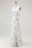White Blue Flower Sheath Strapless Velvet Burnout Wedding Guest Dress with Slit