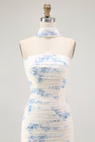 White Blue Flower Sheath Strapless Velvet Burnout Wedding Guest Dress with Slit