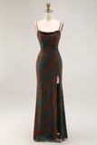 Dark Green Sheath Printed Long Bridesmaid Dress With Slit