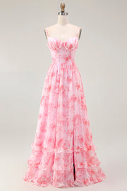 Pink Floral Corset A Line Spaghetti Straps Maxi Dress with Slit