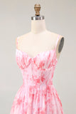 Pink Floral Corset A Line Spaghetti Straps Maxi Dress with Slit