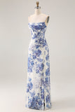 White Blue Floral Corset Sheath Cowl Neck Long Bridesmaid Dress with Streamer