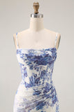 White Blue Floral Corset Sheath Cowl Neck Long Bridesmaid Dress with Streamer