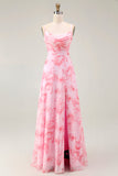 Pink Floral Cowl Neck A Line Maxi Dress with Slit