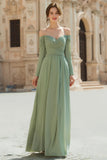 Sage Green Chiffon A Line Off The Shoulder Long Sleeves Bridesmaid Dress
