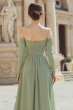 Sage Green Chiffon A Line Off The Shoulder Long Sleeves Bridesmaid Dress