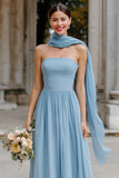 Dusty Blue Chiffon Neck Scarf A Line Strapless Long Bridesmaid Dress
