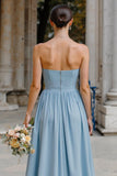 Dusty Blue Chiffon Neck Scarf A Line Strapless Long Bridesmaid Dress