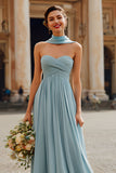Dusty Blue A Line Chiffon Strapless Neck Scarf Long Bridesmaid Dress