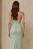 Dusty Sage Satin Sheath Spaghetti Straps Long Bridesmaid Dress with Slit