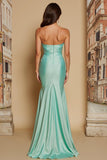Mint Green Satin Mermaid Sweetheart Ruched Long Bridesmaid Dress with Slit
