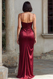 Burgundy Sheath Satin Ruched Spaghetti Straps Long Bridesmaid Dress with Slit