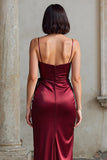 Burgundy Sheath Satin Ruched Spaghetti Straps Long Bridesmaid Dress with Slit